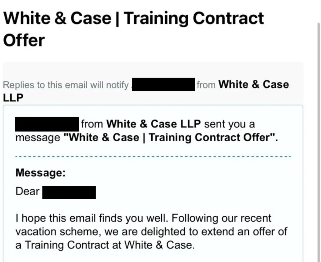 Redacted White & Case LLP training contract offer email sent to an anonymised Elite Careers Strategy client.