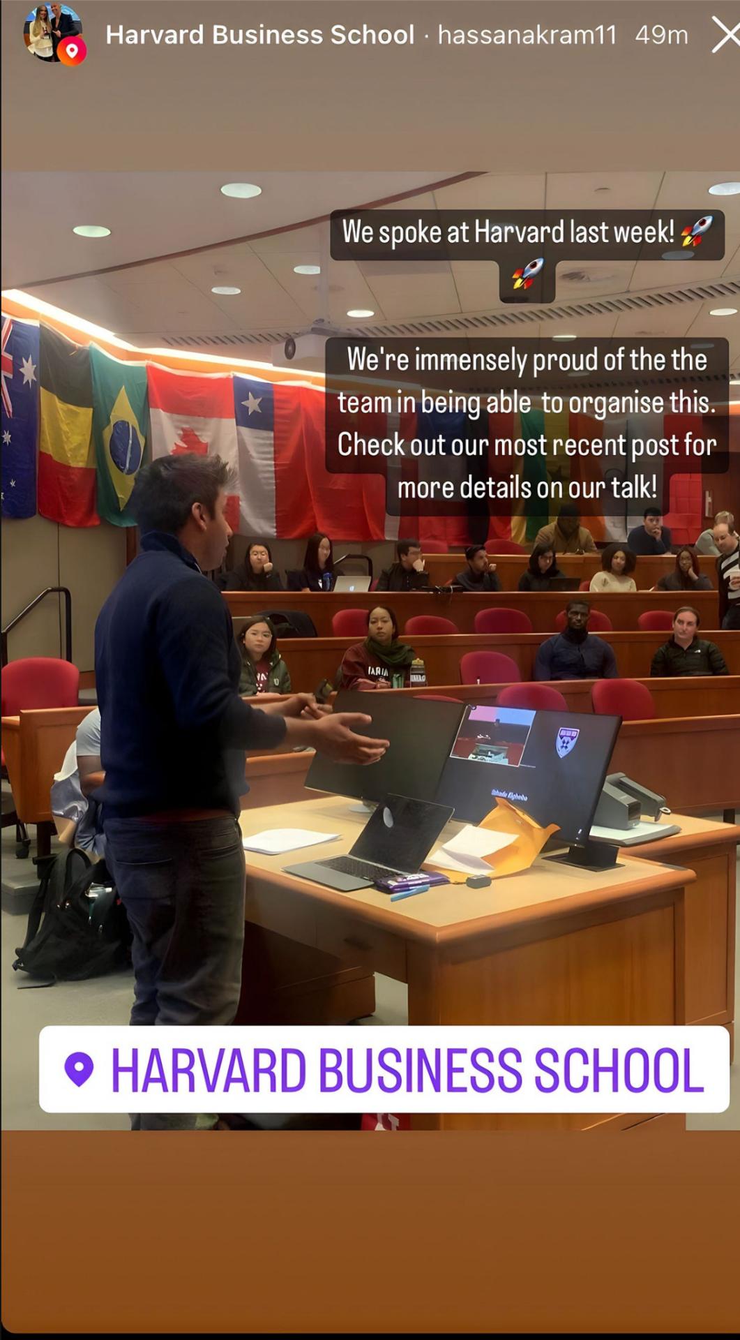 Hassan Akram speaking at Harvard Business School