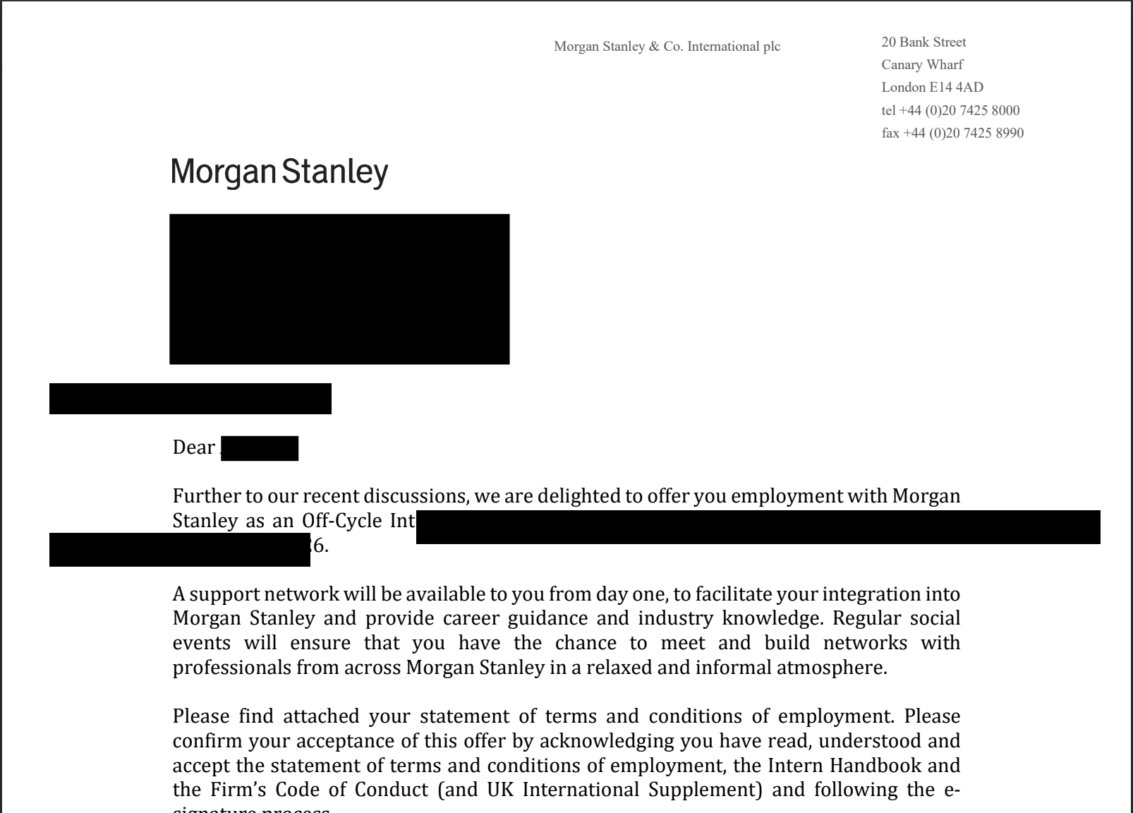 Morgan Stanley offer letter